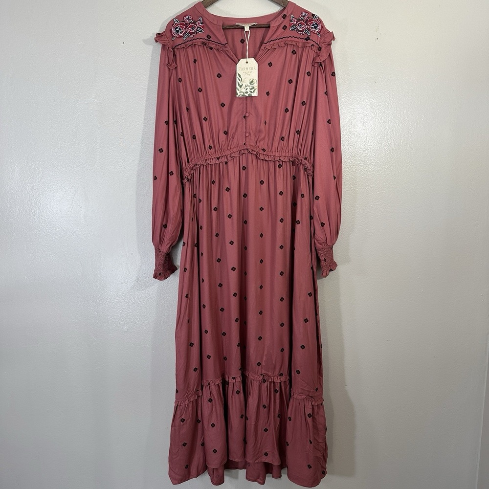 Farmers Market Women's XL Embroidered V Neck Floral Maxi Dress Coral Boho Trad - Picture 3 of 10